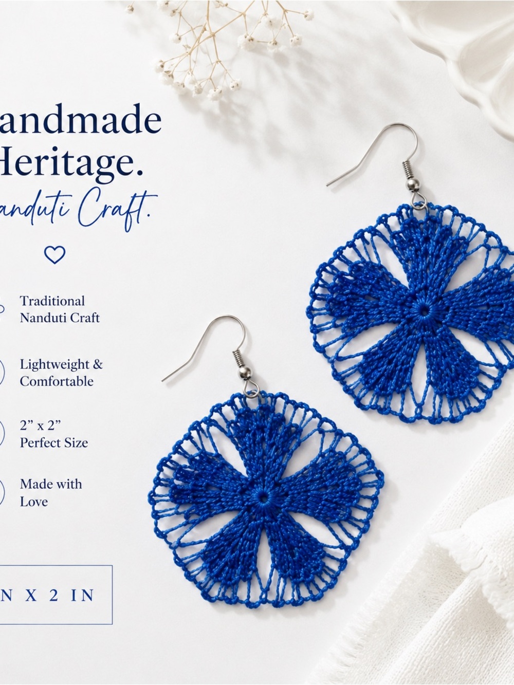 Paraguay Nanduti Blue Floral Crochet Drop Earrings